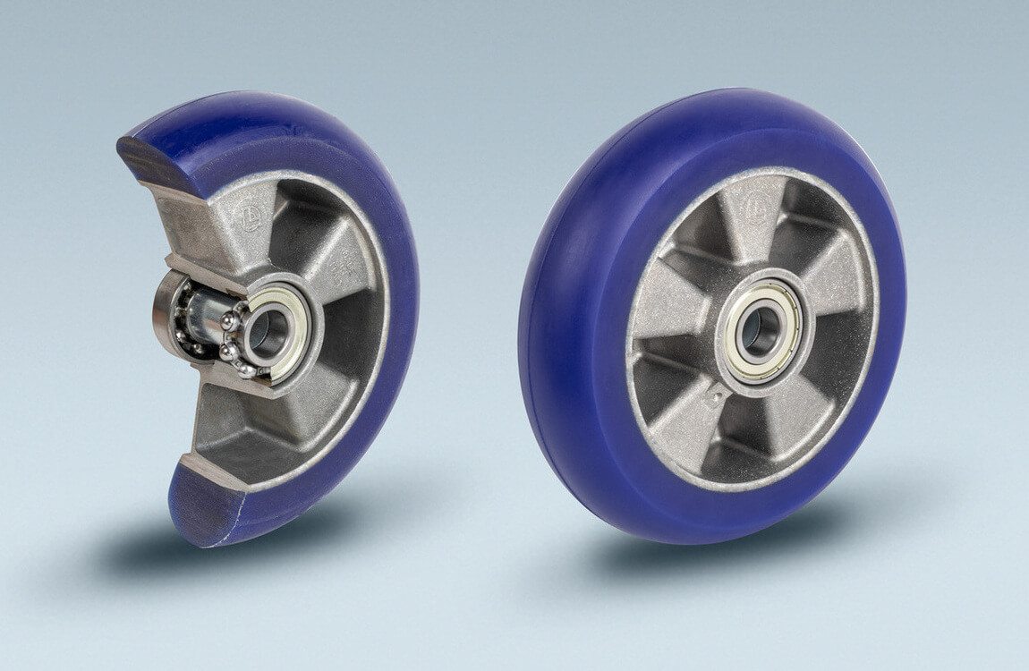 Wheels series TK TAU KONVEX - Wheels coated in elastic cast polyurethane 87Sh. A with convex tread; wheel centre in die-cast alluminium.