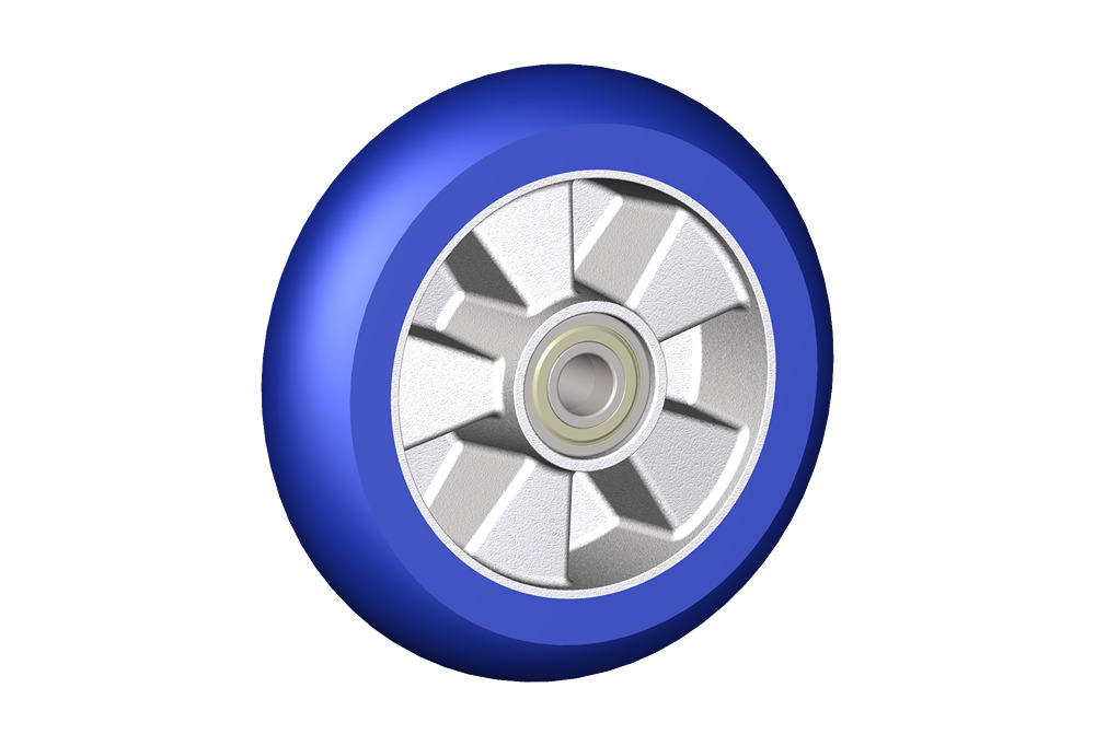 Wheels series TK TAU KONVEX - Wheels coated in elastic cast polyurethane 87Sh. A with convex tread; wheel centre in die-cast alluminium.